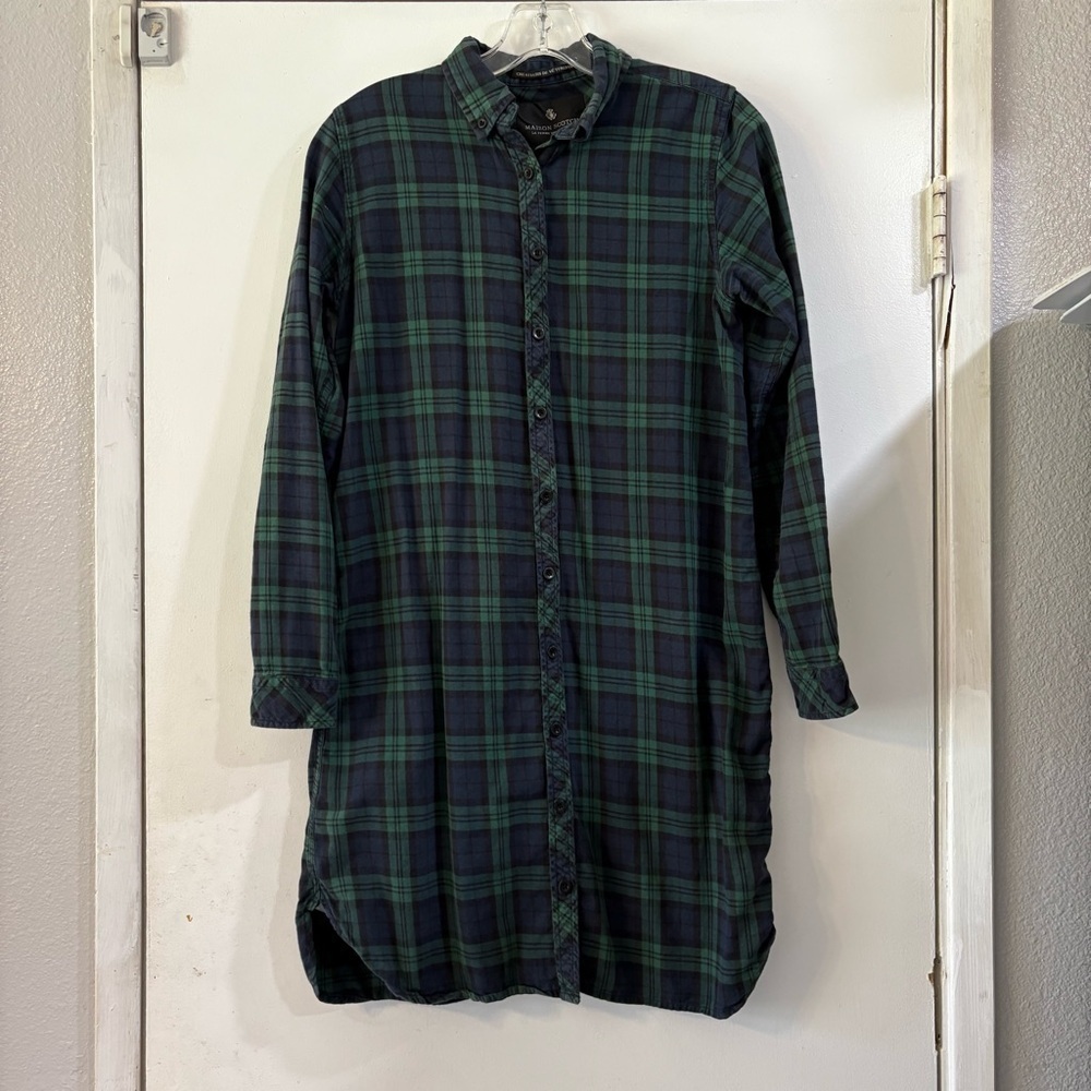 Maison Scotch & Soda Green Plaid Grid Shirt Dress Leather Stars Patch Button S